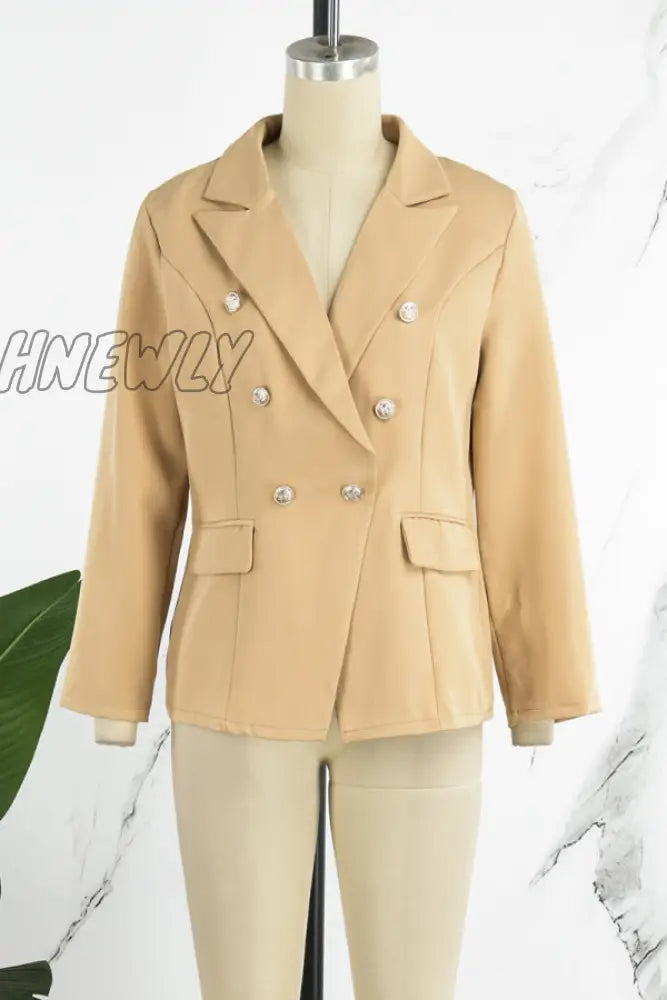 Hnewly - Khaki Casual Solid Patchwork Cardigan Turn-Back Collar Outerwear Coats Suits