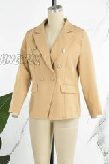 Hnewly - Khaki Casual Solid Patchwork Cardigan Turn-Back Collar Outerwear Coats Suits