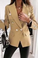 Hnewly - Khaki Casual Solid Patchwork Cardigan Turn-Back Collar Outerwear Coats Suits