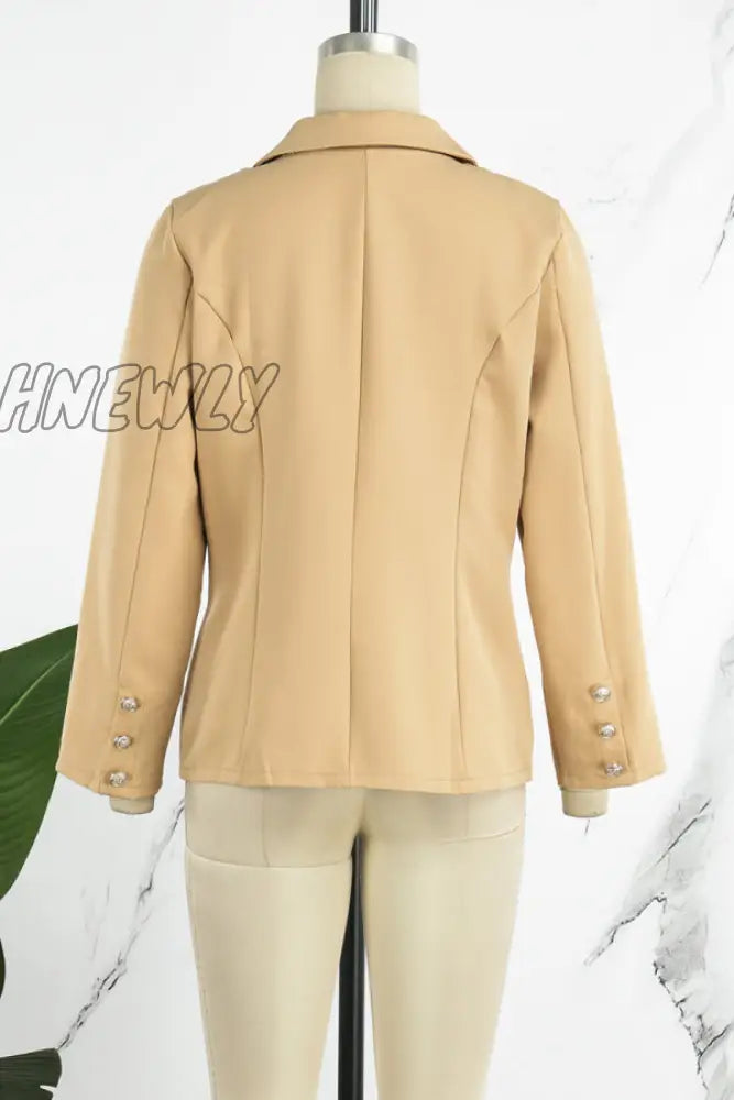 Hnewly - Khaki Casual Solid Patchwork Cardigan Turn-Back Collar Outerwear Coats Suits