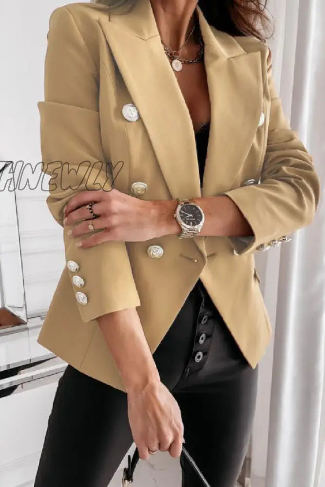 Hnewly - Khaki Casual Solid Patchwork Cardigan Turn-Back Collar Outerwear Coats Suits