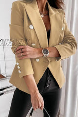 Hnewly - Khaki Casual Solid Patchwork Cardigan Turn-Back Collar Outerwear Coats Suits