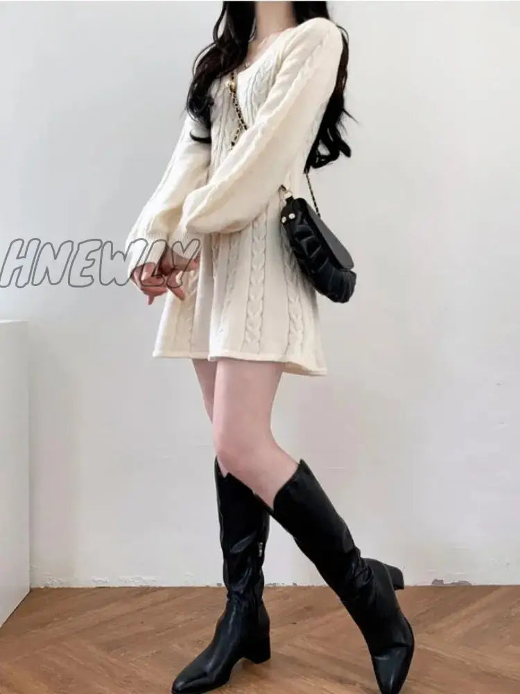 Hnewly Knit Knitted Sweater Mini Dress Women Casual Lantern Sleeve Short Dresses 2024 Autumn Winter