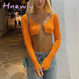 Hnewly Knitted Long Sleeve Crop Top Women V-Neck Open Front Sexy Woman T-shirts Club Party Y2K Top Spring Autumn Cropped Sweater