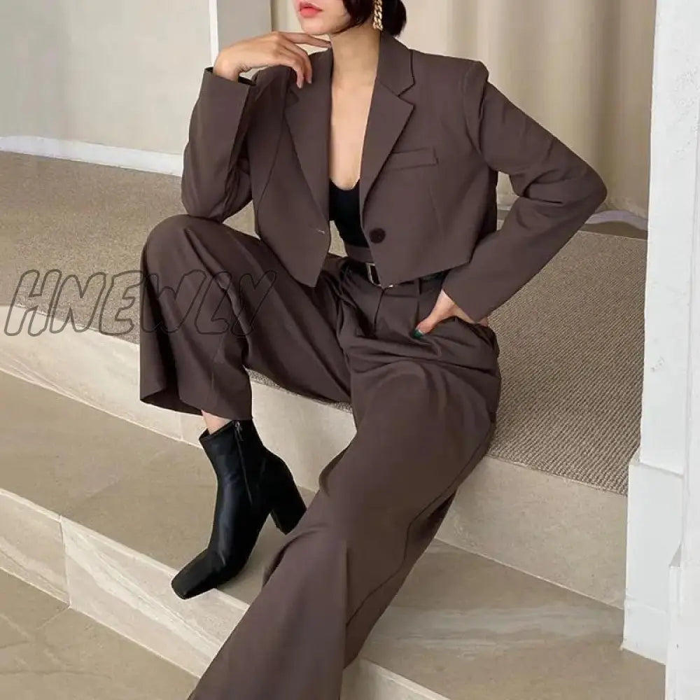 Hnewly Korea Chic Women Sets Fashion Office Two Piece Suit Lapel Loose One - Button Cropped Blazers
