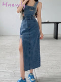 Hnewly Korea Fashion Suspender Skirt Women's Vintage Slim Long Denim Skirts Sexy Blue Midi Stundress Lady Braces Slit Dress Streetwear