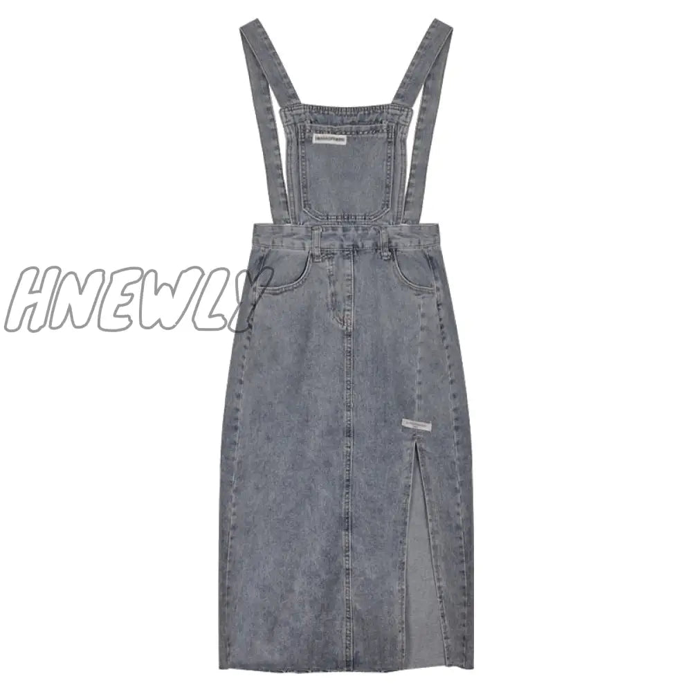 Hnewly Korea Fashion Suspender Skirt Women’s Vintage Slim Long Denim Skirts Sexy Blue Midi