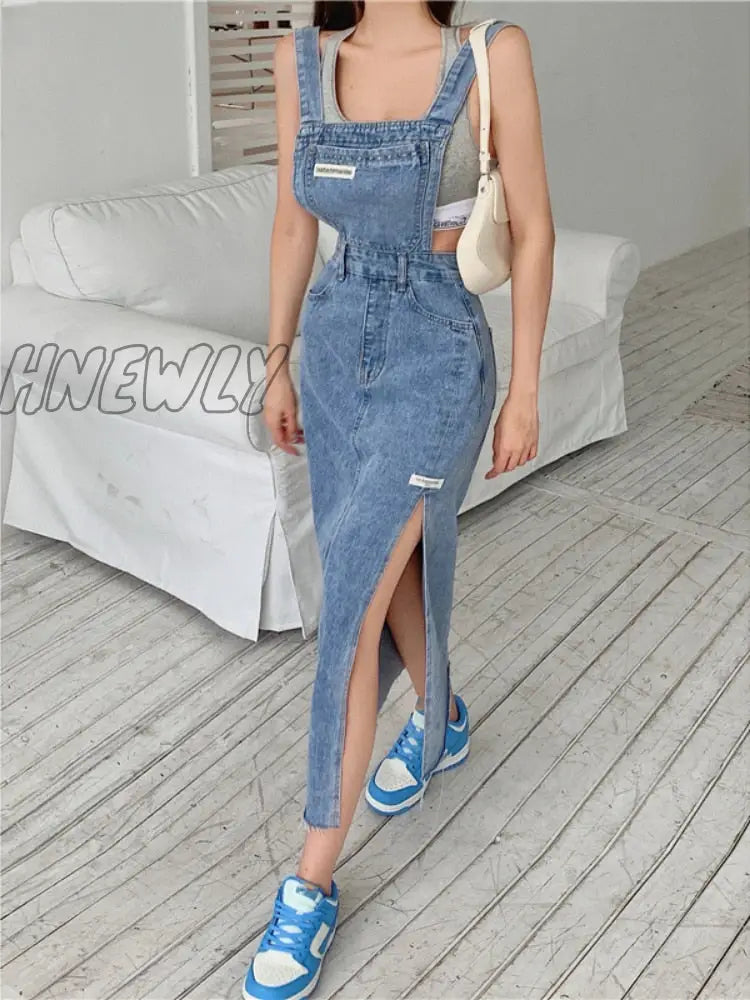 Hnewly Korea Fashion Suspender Skirt Women’s Vintage Slim Long Denim Skirts Sexy Blue Midi