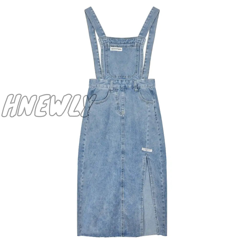 Hnewly Korea Fashion Suspender Skirt Women’s Vintage Slim Long Denim Skirts Sexy Blue Midi