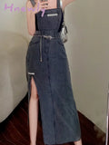 Hnewly Korea Fashion Suspender Skirt Women’s Vintage Slim Long Denim Skirts Sexy Blue Midi