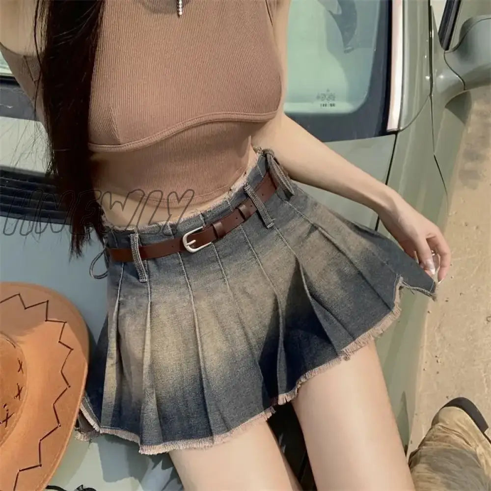Hnewly Korea Pleated Skirts Women Denim Bandage Mini Vintage Hotsweet Chic Fashion Summer Girlish