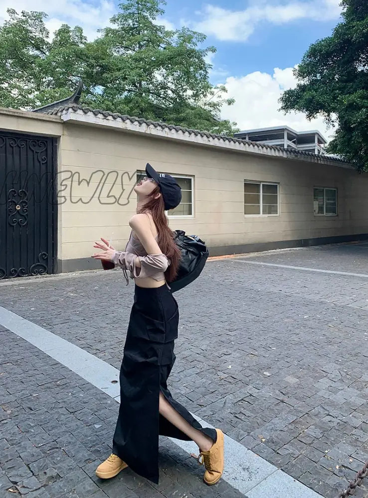 Hnewly Korean Chic Pleated Casual Cargo Skirt Women Spring New Streetwear Fashion Split Solid Color