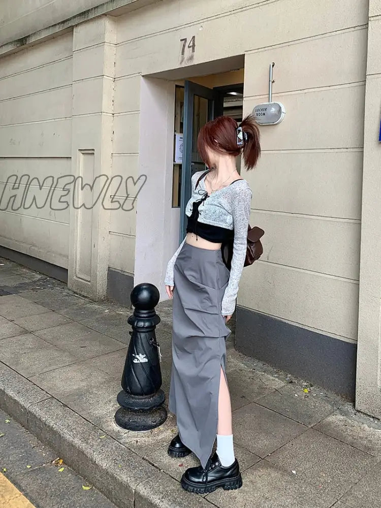 Hnewly Korean Chic Pleated Casual Cargo Skirt Women Spring New Streetwear Fashion Split Solid Color