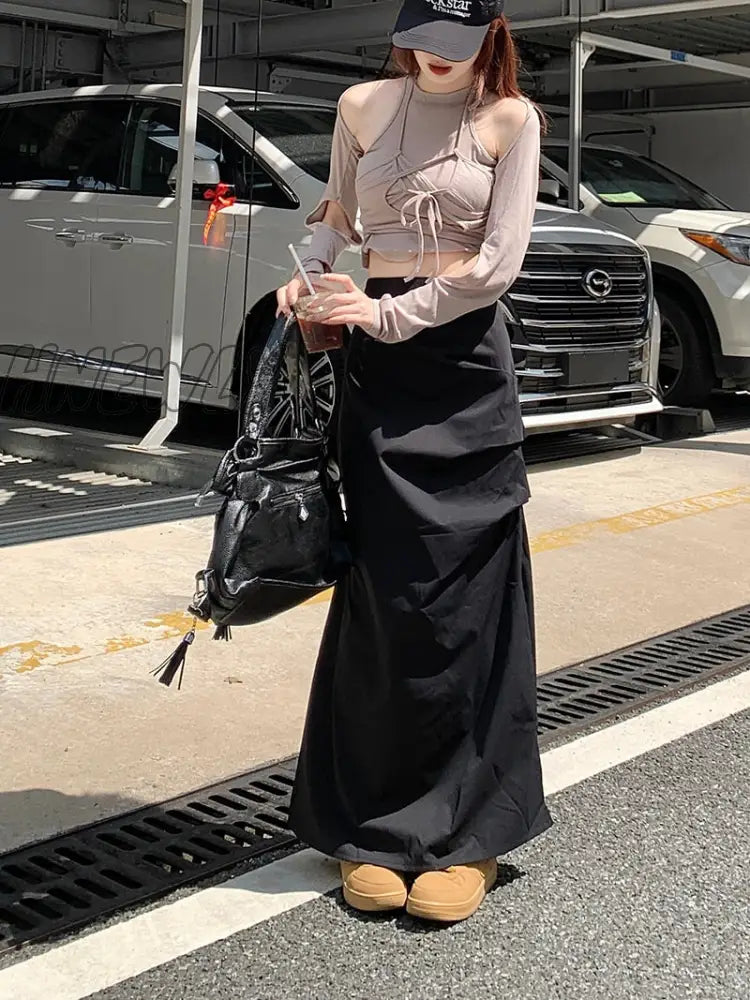 Hnewly Korean Chic Pleated Casual Cargo Skirt Women Spring New Streetwear Fashion Split Solid Color