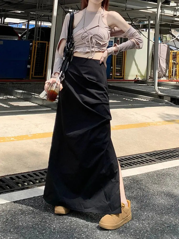 Hnewly Korean Chic Pleated Casual Cargo Skirt Women Spring New Streetwear Fashion Split Solid Color