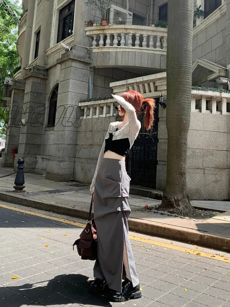 Hnewly Korean Chic Pleated Casual Cargo Skirt Women Spring New Streetwear Fashion Split Solid Color