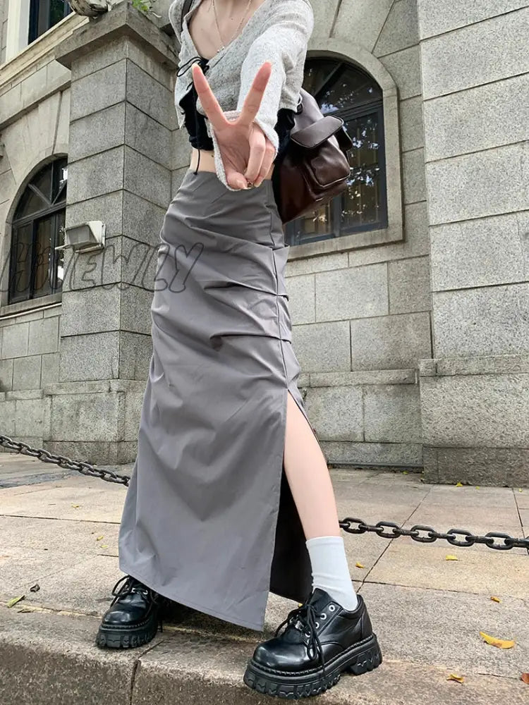 Hnewly Korean Chic Pleated Casual Cargo Skirt Women Spring New Streetwear Fashion Split Solid Color