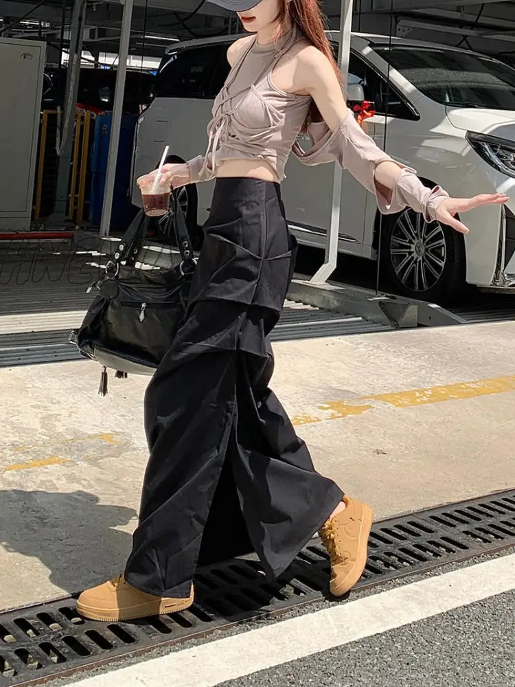 Hnewly Korean Chic Pleated Casual Cargo Skirt Women Spring New Streetwear Fashion Split Solid Color
