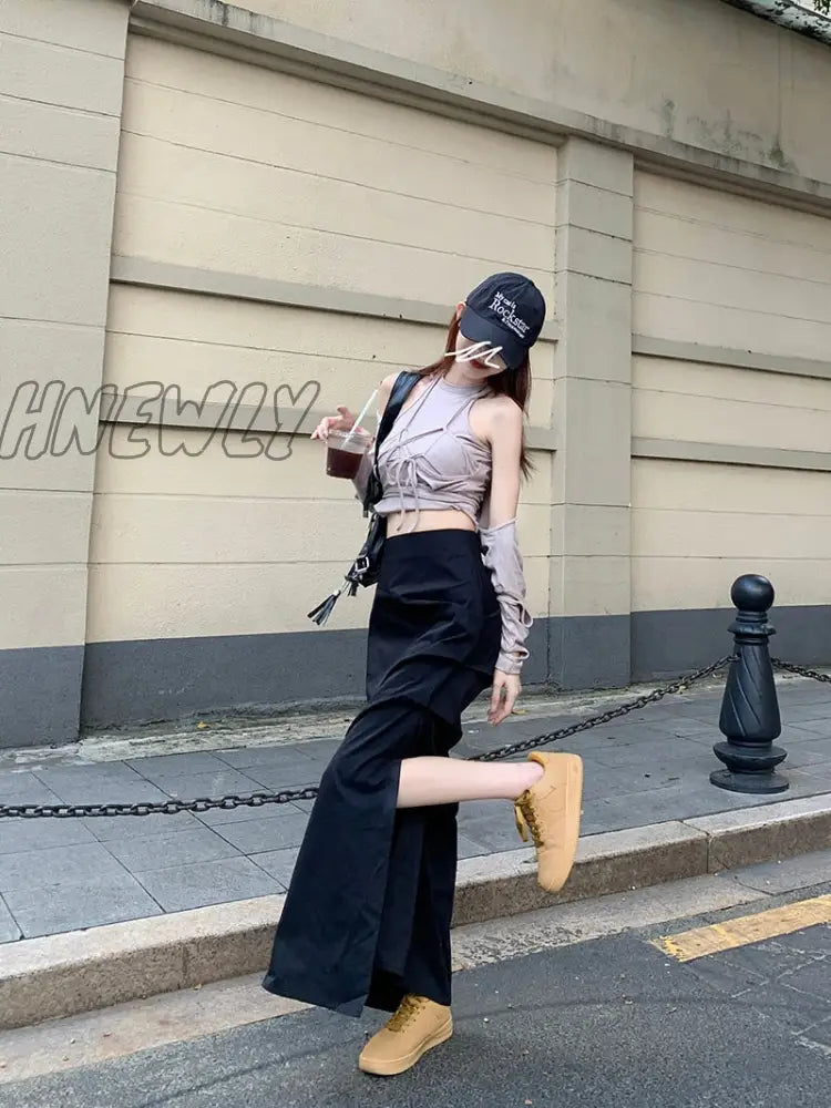 Hnewly Korean Chic Pleated Casual Cargo Skirt Women Spring New Streetwear Fashion Split Solid Color