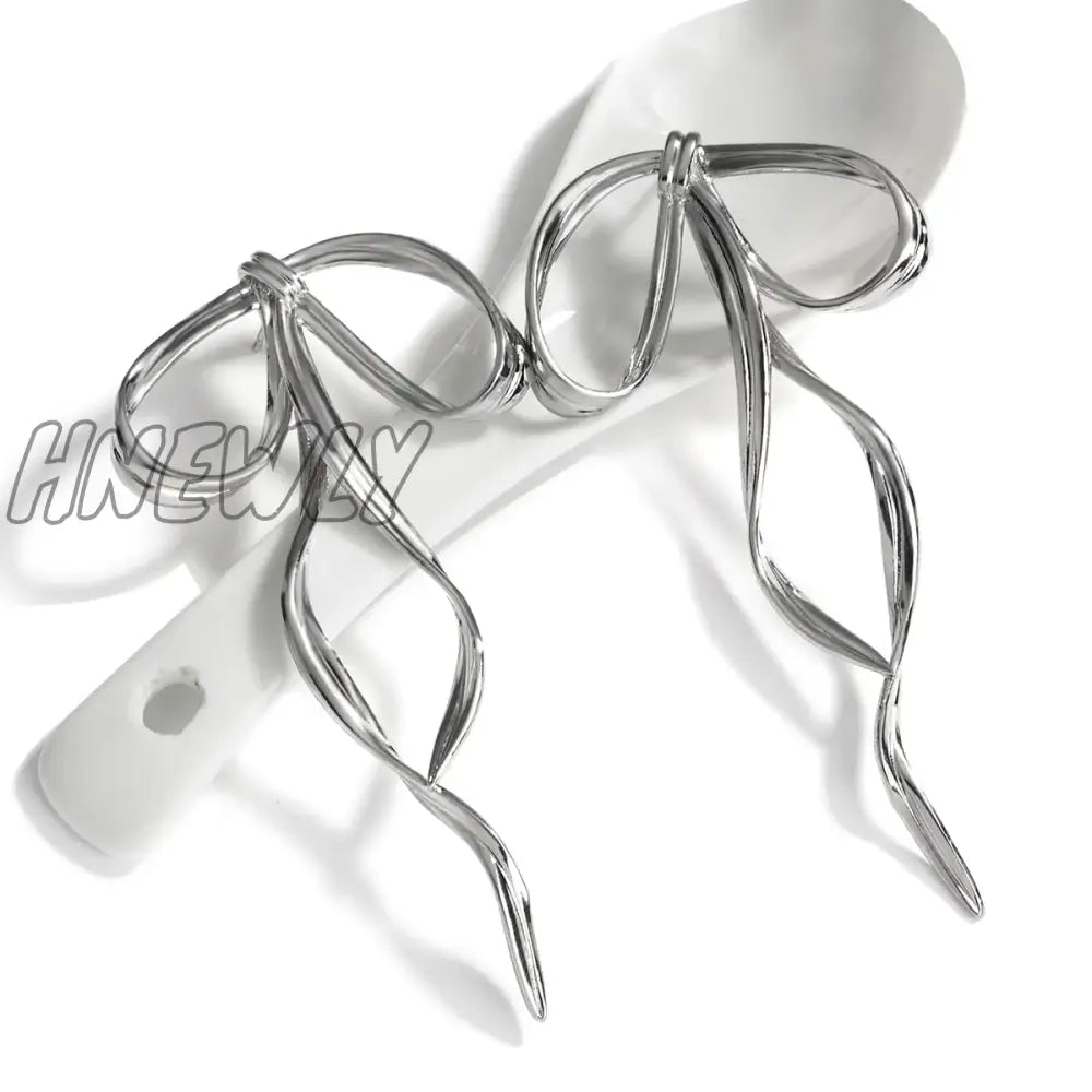 Hnewly Korean Design Fashion Simple Silver Color Metal Line Bow Earrings Elegant Big Long Bowknot