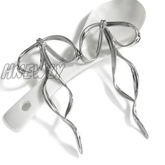 Hnewly Korean Design Fashion Simple Silver Color Metal Line Bow Earrings Elegant Big Long Bowknot