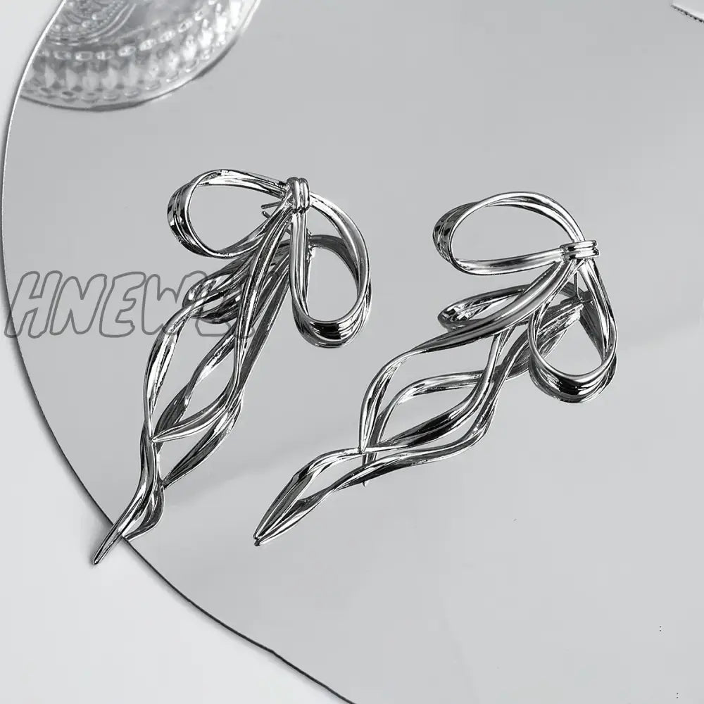Hnewly Korean Design Fashion Simple Silver Color Metal Line Bow Earrings Elegant Big Long Bowknot