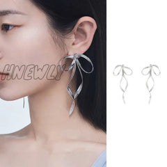 Hnewly Korean Design Fashion Simple Silver Color Metal Line Bow Earrings Elegant Big Long Bowknot