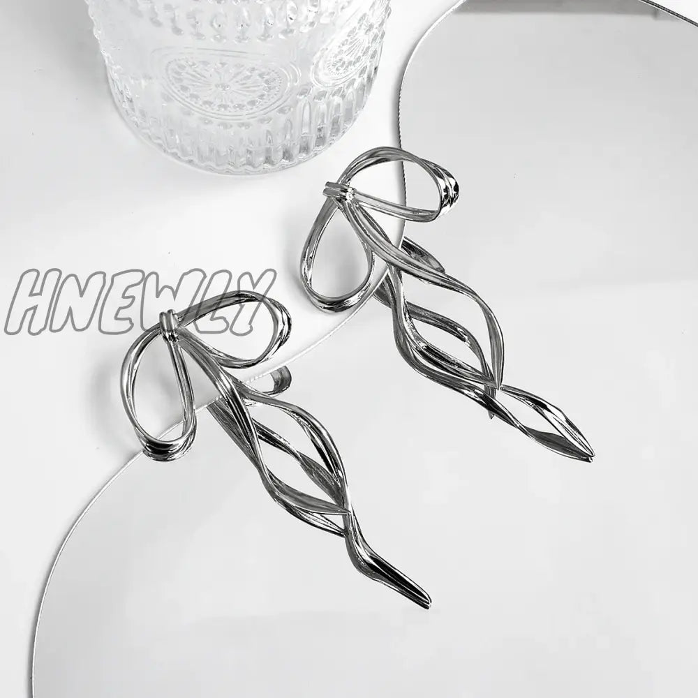 Hnewly Korean Design Fashion Simple Silver Color Metal Line Bow Earrings Elegant Big Long Bowknot