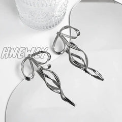 Hnewly Korean Design Fashion Simple Silver Color Metal Line Bow Earrings Elegant Big Long Bowknot