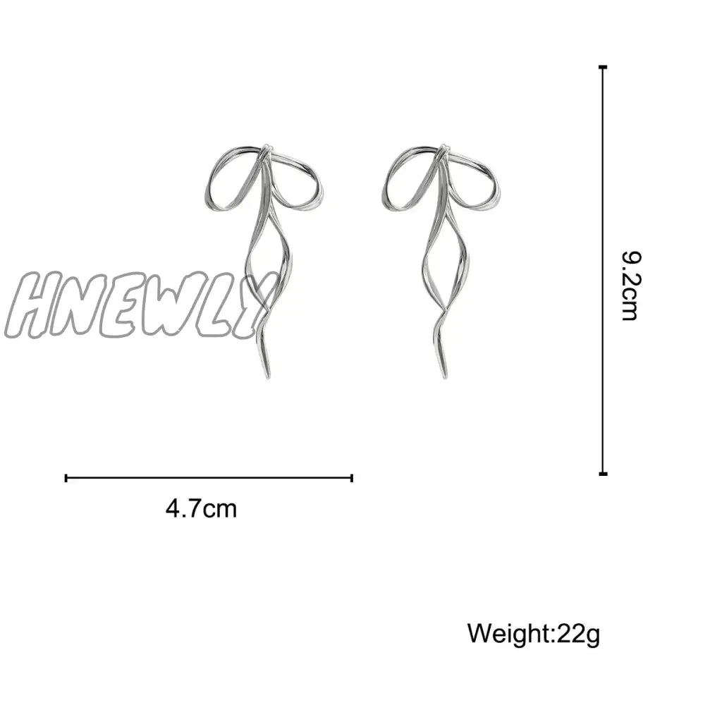 Hnewly Korean Design Fashion Simple Silver Color Metal Line Bow Earrings Elegant Big Long Bowknot