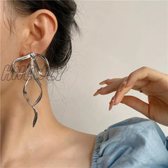 Hnewly Korean Design Fashion Simple Silver Color Metal Line Bow Earrings Elegant Big Long Bowknot