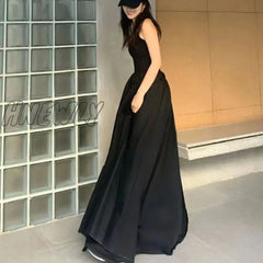 Lucyever Korean Fashion Black Maxi Dress Women Summer Sleeveless Spaghetti Strap Dresses Female