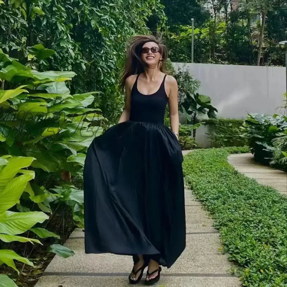 Lucyever Korean Fashion Black Maxi Dress Women Summer Sleeveless Spaghetti Strap Dresses Female