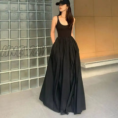 Lucyever Korean Fashion Black Maxi Dress Women Summer Sleeveless Spaghetti Strap Dresses Female