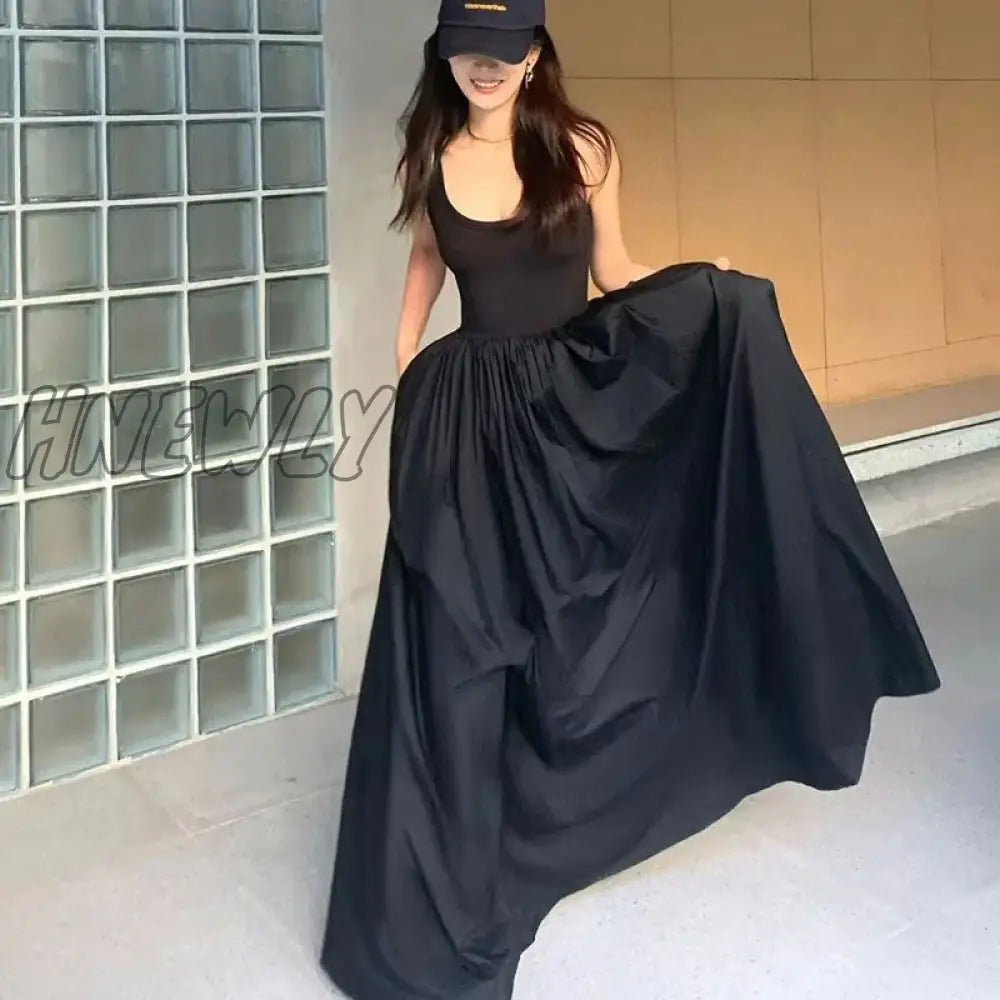 Lucyever Korean Fashion Black Maxi Dress Women Summer Sleeveless Spaghetti Strap Dresses Female