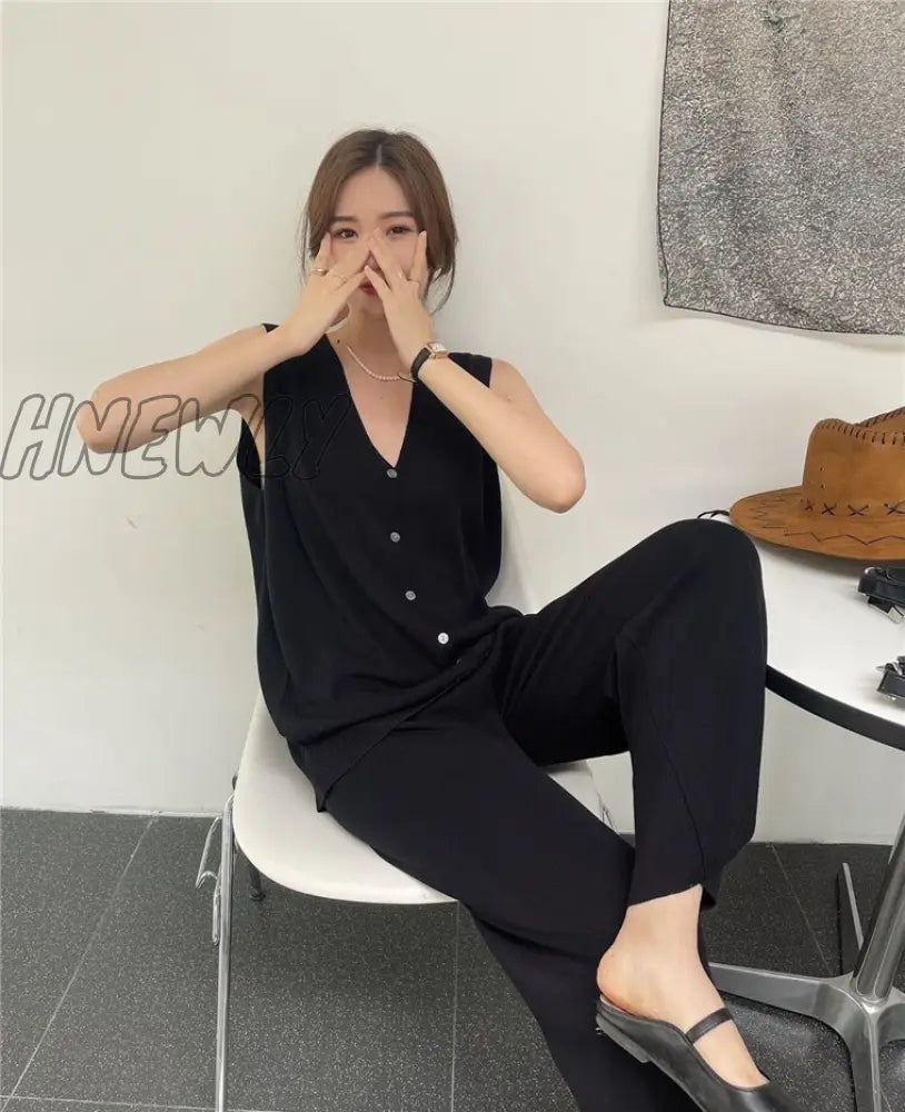 Hnewly Korean Fashion Casual Knitted Two Piece Set Women Loose Pullover Sweater Tops + Wide Leg