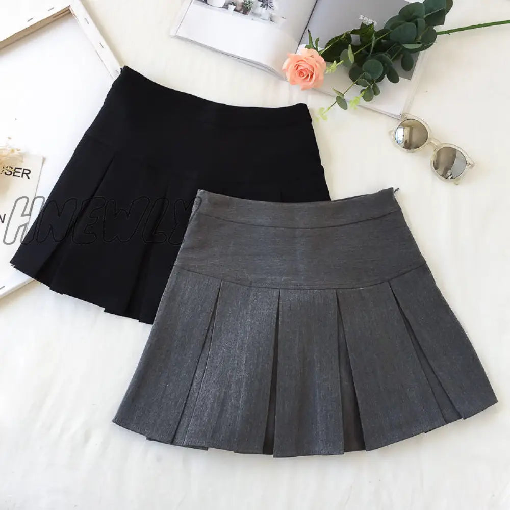 Hnewly Korean Fashion Gray Pleated Skirt Women Vintage Cute High Waist Sexy Mini Skirts Kawaii