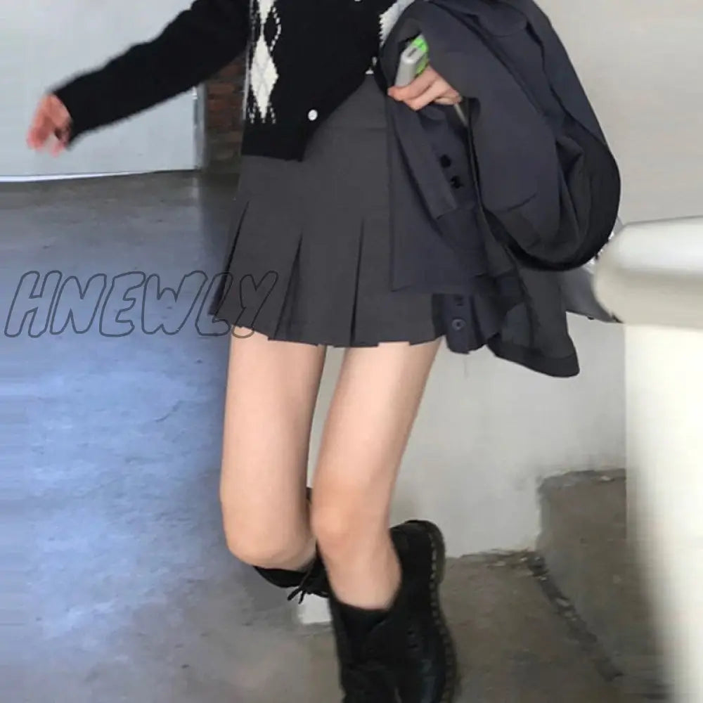Hnewly Korean Fashion Gray Pleated Skirt Women Vintage Cute High Waist Sexy Mini Skirts Kawaii