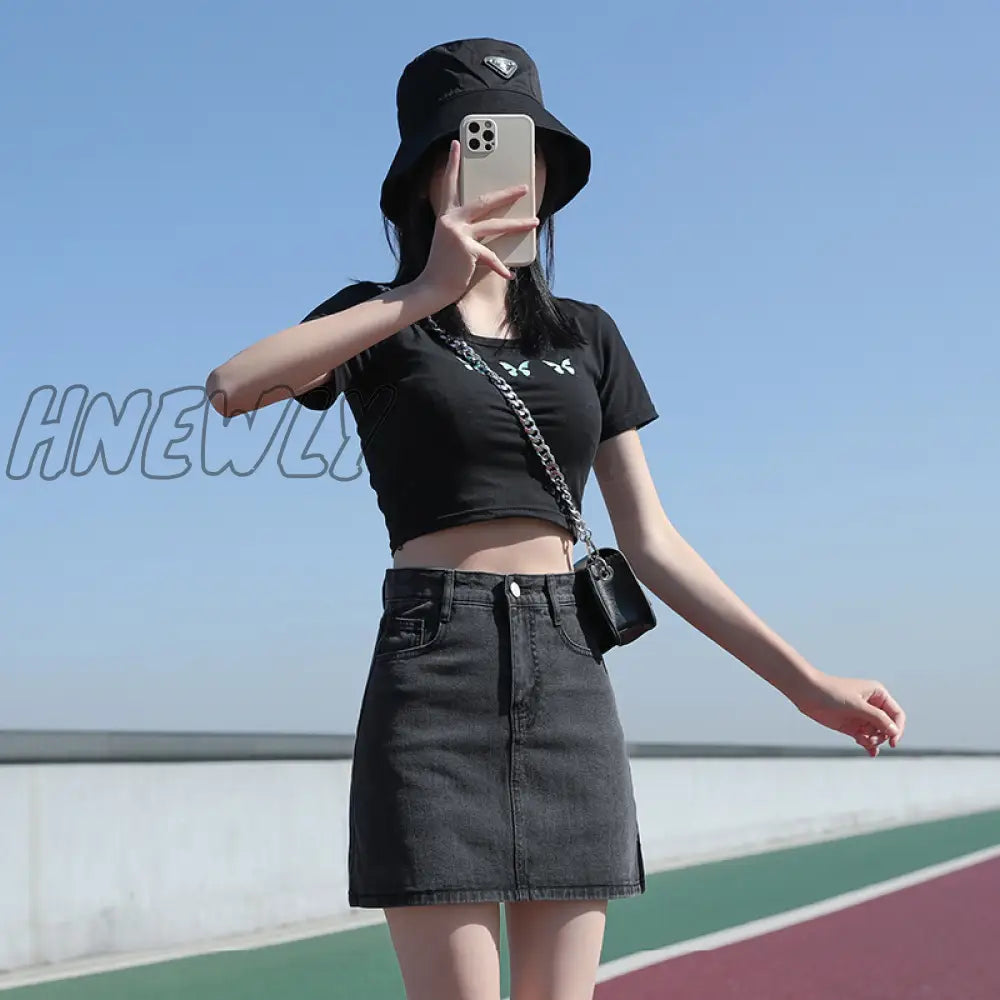 Hnewly Korean Fashion Jeans Woman Harajuku Skirts Bodycon High Waist Skirt Denim Black Mini Y2K