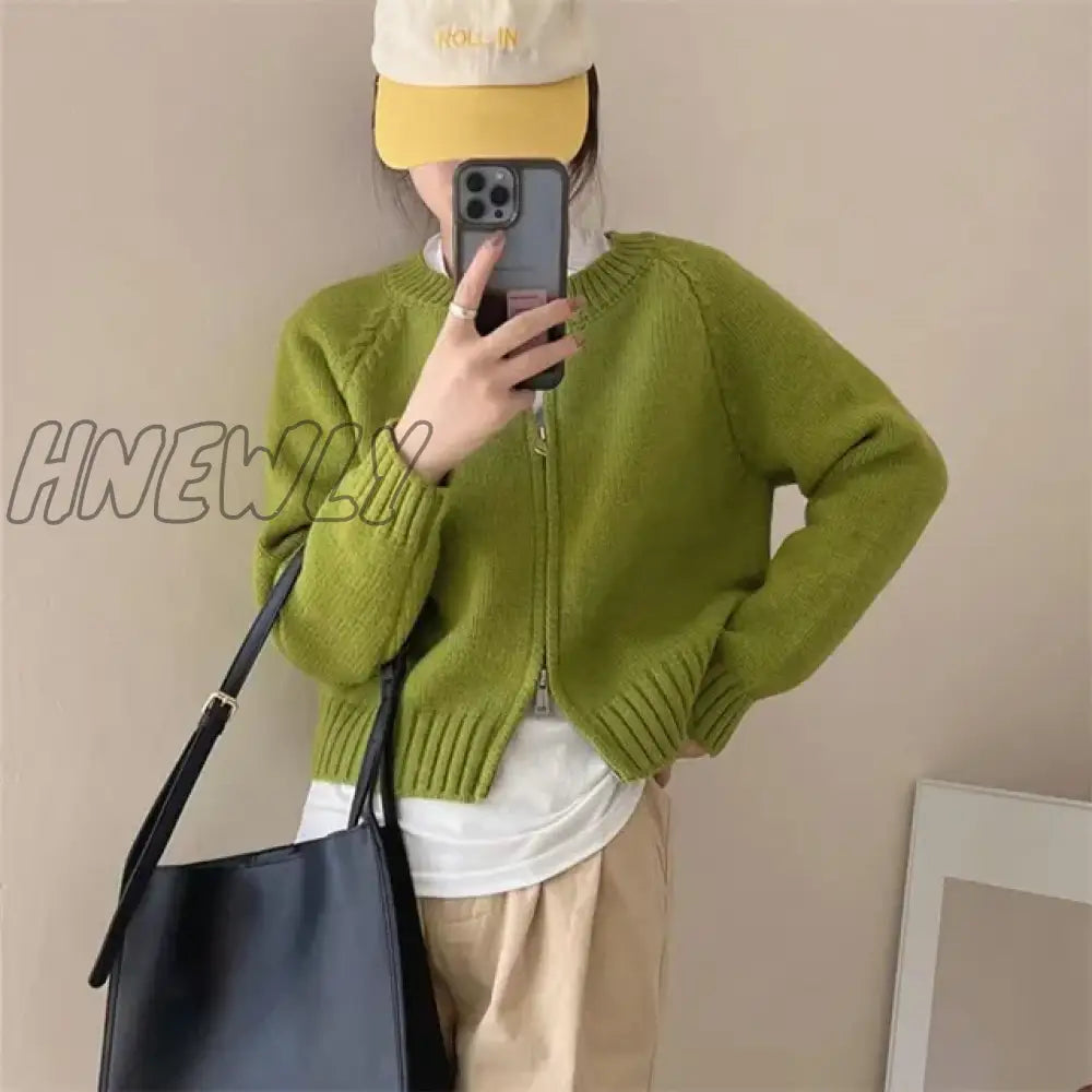 Hnewly Korean Knitted Cardigan Women Sweet Zipper Cropped Sweaters Autumn Vintage Knitwear Coat