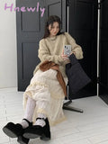 Hnewly Korean Lace Long Skirt Women Vintage Cute High Waist Loose Fairycore Tassel Patchwork A-Line
