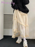 Hnewly Korean Lace Long Skirt Women Vintage Cute High Waist Loose Fairycore Tassel Patchwork A-Line