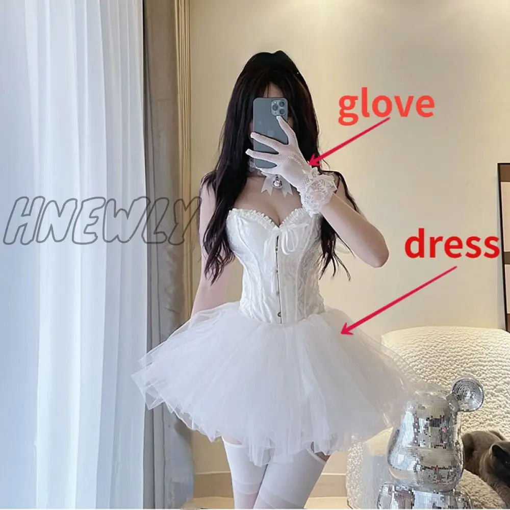 Hnewly Korean Sexy Fairy 2 Piece Set Women White V-Neck Camisole Crop Tops Mesh Tutu A-Skirt Suit