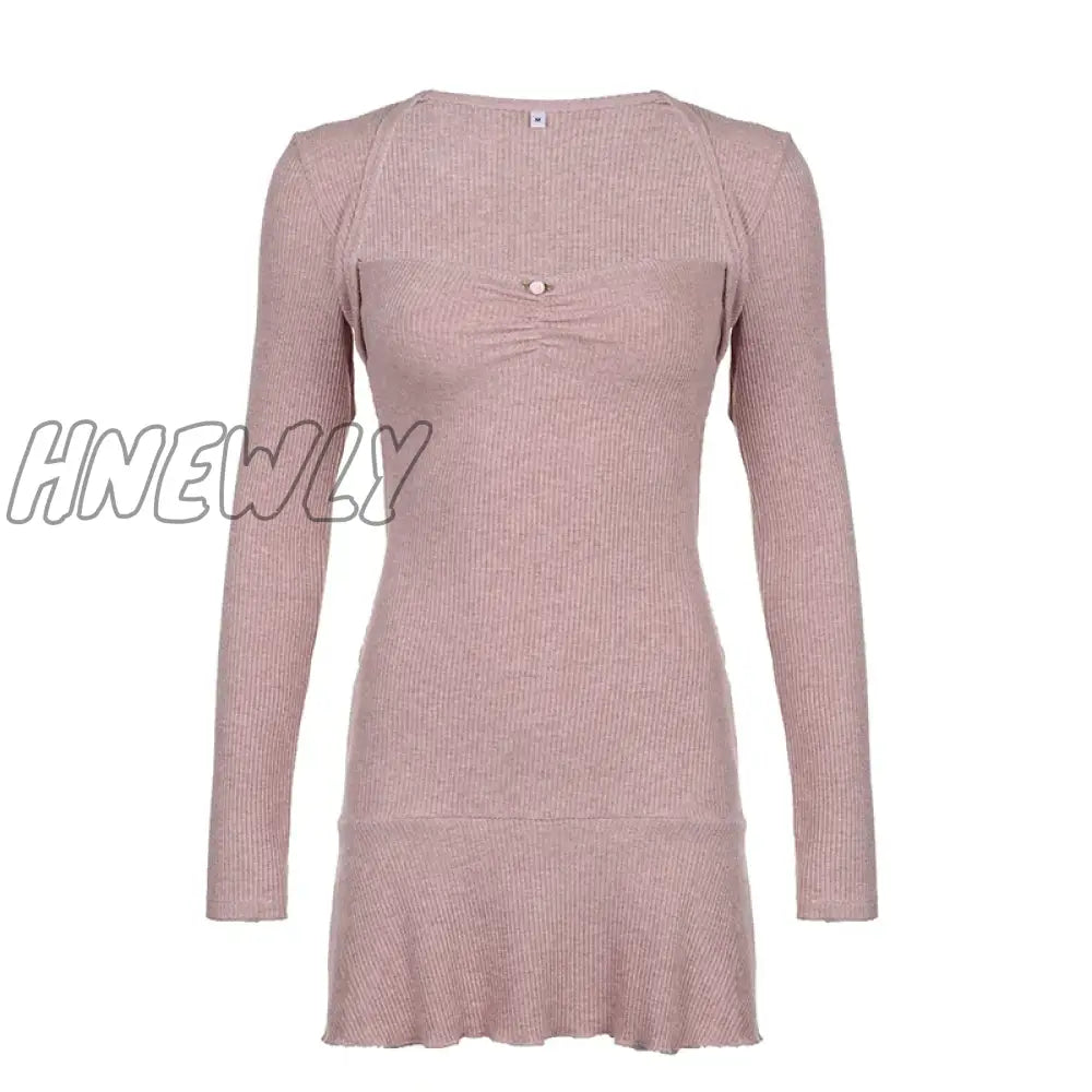 Hnewly Korean Square Neck Pink Autumn Dress Women Sweet Fold Coquette Clothes Slim Basic Knit Mini