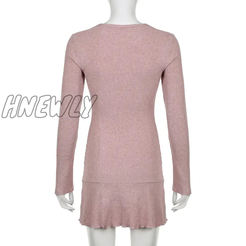 Hnewly Korean Square Neck Pink Autumn Dress Women Sweet Fold Coquette Clothes Slim Basic Knit Mini