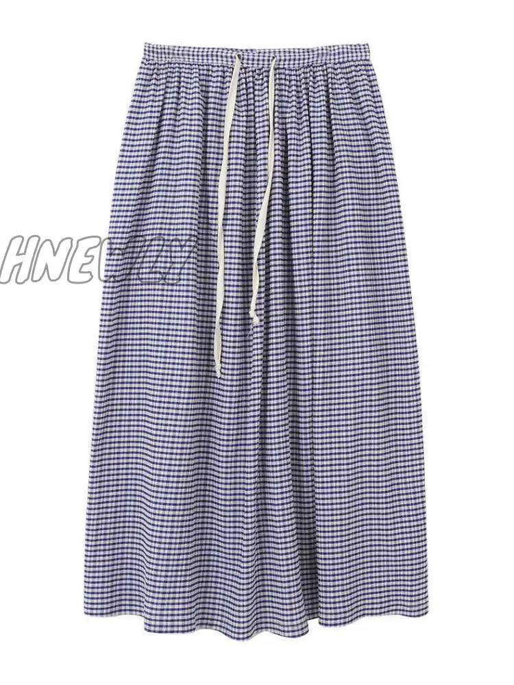 Hnewly Korean Style Plaid Skirt Long Women Blue High Waist A-Line Folds Lace-Up Casual Fashion Maxi