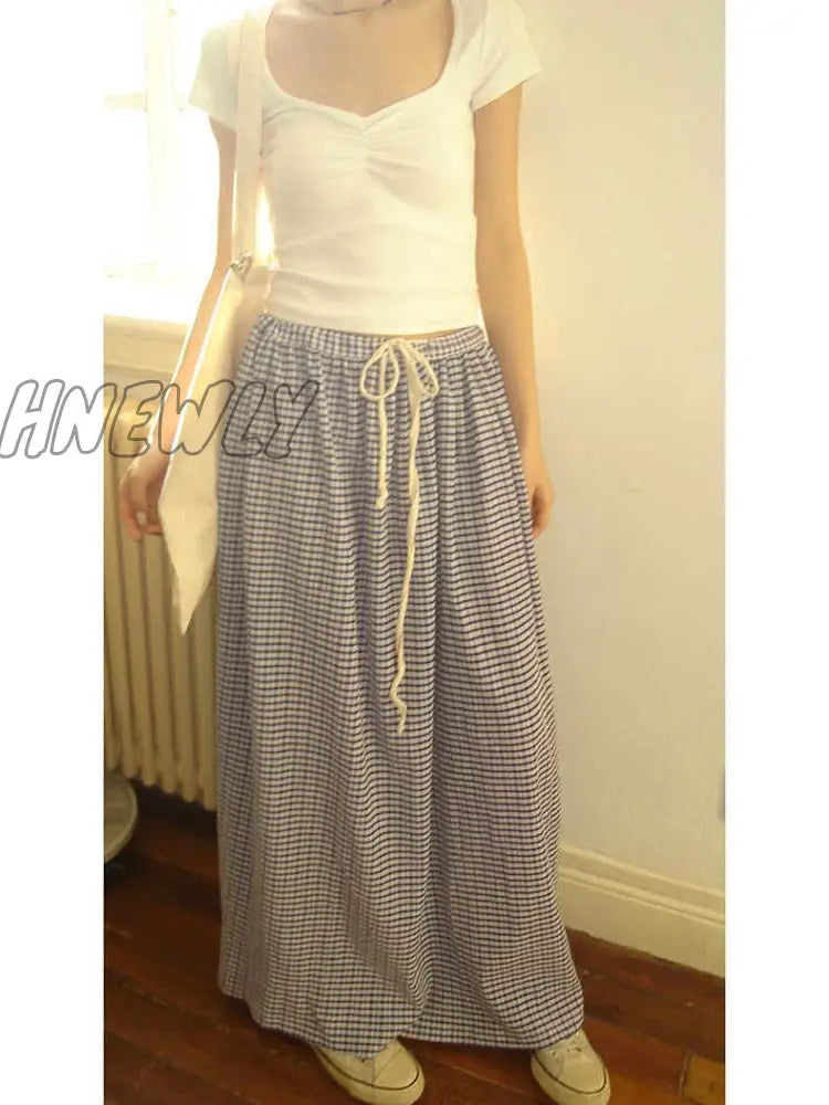 Hnewly Korean Style Plaid Skirt Long Women Blue High Waist A-Line Folds Lace-Up Casual Fashion Maxi