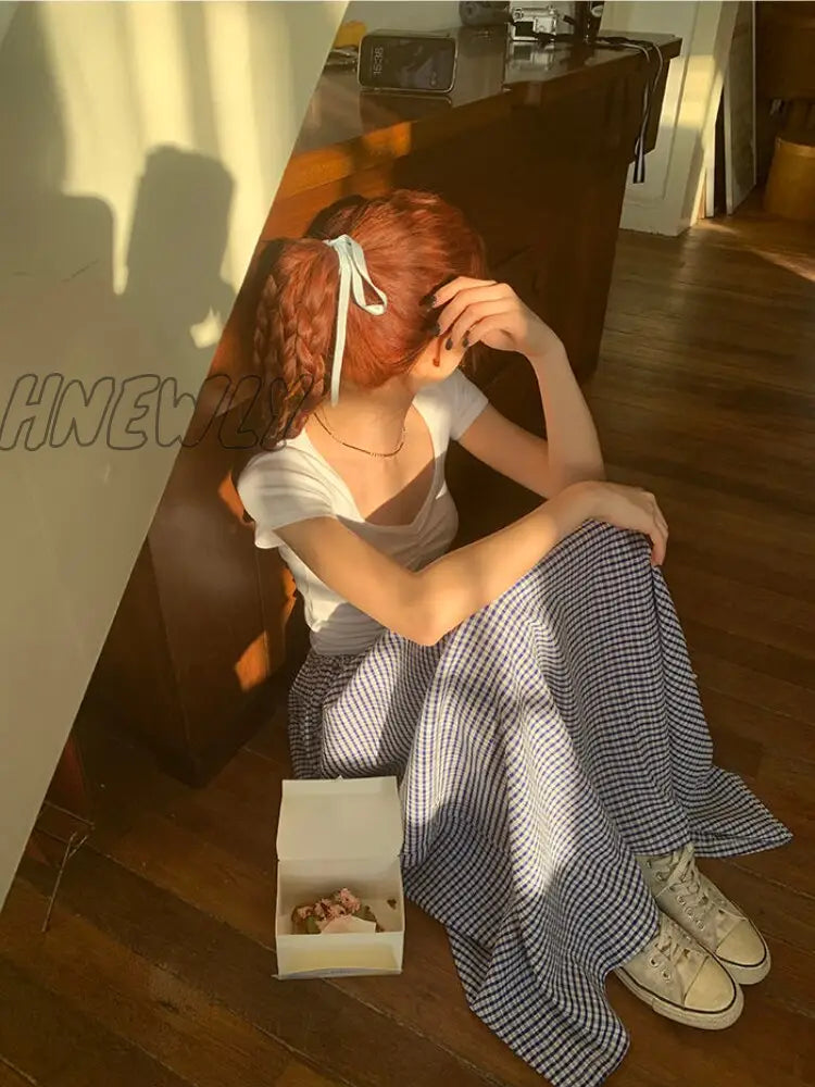 Hnewly Korean Style Plaid Skirt Long Women Blue High Waist A-Line Folds Lace-Up Casual Fashion Maxi
