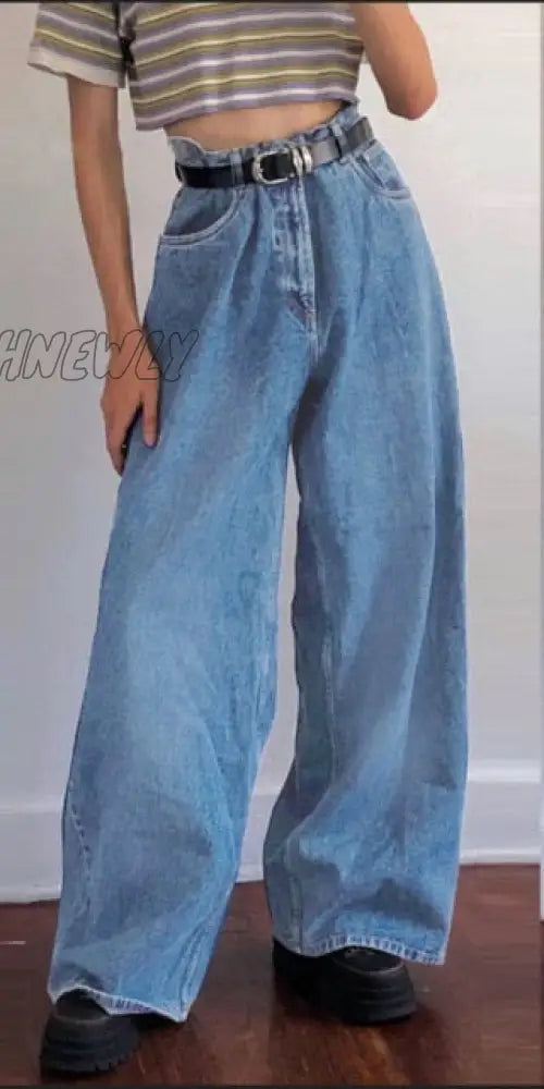 Hnewly Korean Style Women Jeans Denim Boot Cut Wide Leg Jean Boots Fashion Loose Long Length