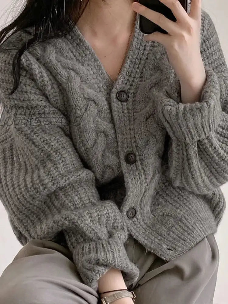 Hnewly Korean Thick Women Cardigan Knitted Sweater Autumn Winter Chic Loose Long Sleeve Tops Simple